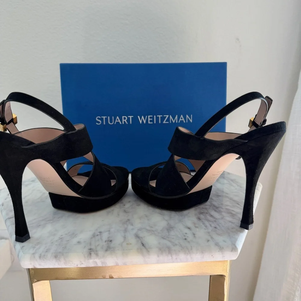 🖤 Stuart Weitzman Hester Strappy Black Suede Platform Stiletto Heels 6.5